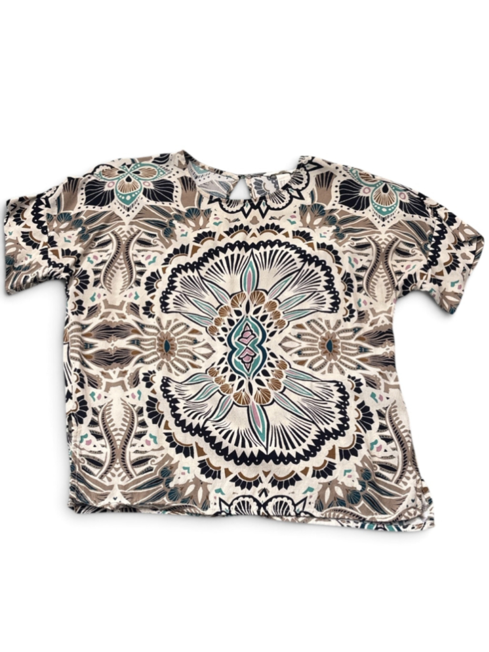 H&M Blouse Size 6 Beige Black Patterned Short Sleeve Top